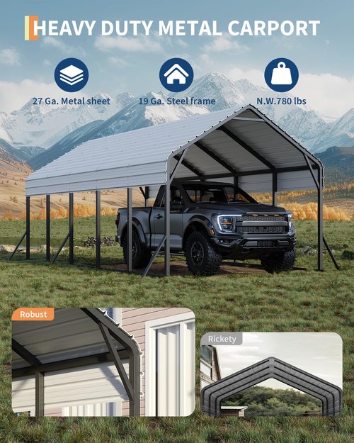 GarveeLife 13'x26'x11' Oversized Metal Carport, Steel Heavy Duty Car Ports for All-Weather, Tall Carport for Full-Size Pickup Trucks, Boats, and Tractors, N.W. 780 Lbs
