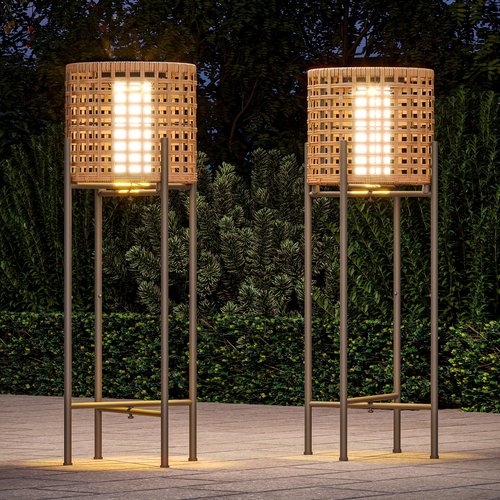 LAUSAINT HOME Solar Powered Outdoor Floor Lamp with Auto On/Off LED Light, Waterproof Wicker Patio Floor Lights, Boho Rattan Floor Lantern for Patio, Yard, Deck, Garden or Porch Decor (2 PCS)