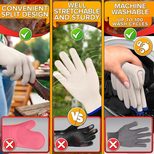 Heat Resistant Gloves for Cooking & Grilling – Aramid Oven Mitts Gloves with Fingers, Thick Knit Design, Withstands Up to 932°F – Ensures Hand Protection and Secure Grip for Baking, Fryer, and BBQ