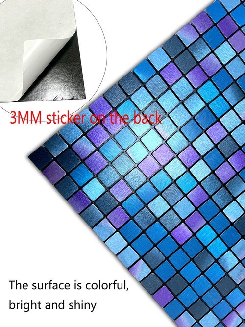 XUANINY Peel and Stick Backsplash Tiles for Kitchen,Bathroom,Fireplace,Self Adhesive Metal Aluminum Mosaic (12"x12") (5, Blue and Purple Mixed)