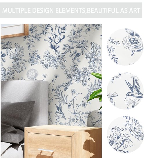 Safiyya Peel and Stick Wallpaper Blue and White Contact Paper Floral Birds Wall Paper Modern Boho Removable Self Adhesive Wallpaper Vinyl Rolls 118"x17.3"