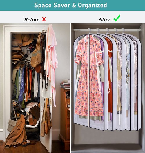 SLEEPING LAMB 60" Long Hanging Garment Bags for Closet Storage Gusseted Clear Dress Bag for Clothes, Gowns, Coats, Suits, 5 Packs