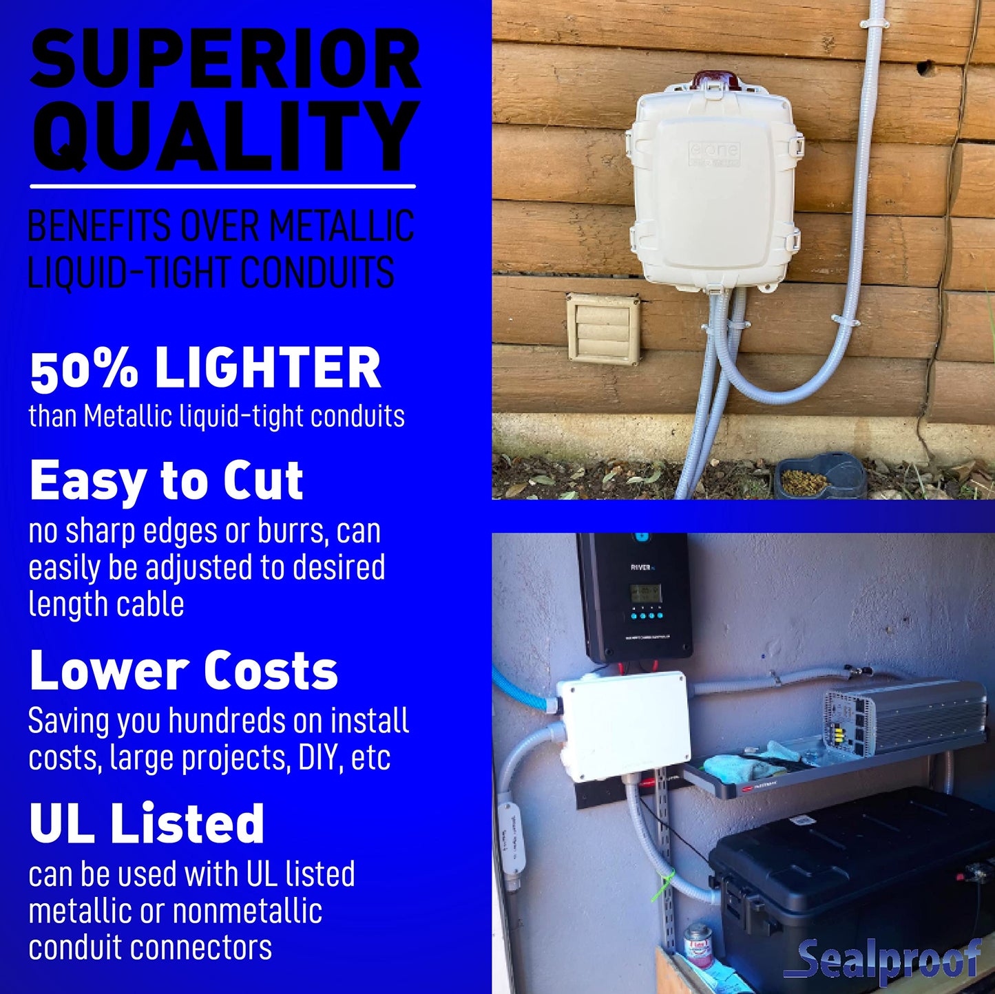Sealproof 1/2-Inch Non-Metallic Liquid-Tight Conduit and Connector Kit, 25 Foot Made in USA Flexible Electrical Conduit Type B with 4 Straight and 2 90-Degree Conduit Connector Fittings, 1/2" Dia
