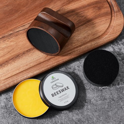 Celetree Wood Care Kit: Natural Raintree Applicator, 7oz Beeswax Butter & Cutting Board Wax, 5 Sponges + 5 Sandings – for Spoons, Cutting Boards, Butcher Blocks – Gift-Ready Wood Wax & Oil Set