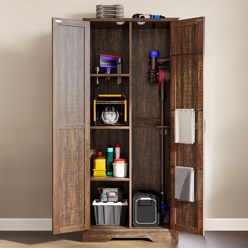 DWVO Wooden Storage Cabinet, Vacuum Cleaner Storage Compatible with Dyson Models, Utility Stand for Brooms and Mops, Cleaning Tool Cabinet with Doors for Garage, Office, Home