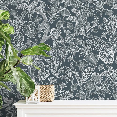 Fititem Peel and Stick Wallpaper Modern Boho Contact Paper Cabinet Dark Gray-Blue White Removable Self Adhesive Contact Paper Floral Tropical Leaf Waterproof Wallpaper Bathroom Bedroom 17.3inW 197inL