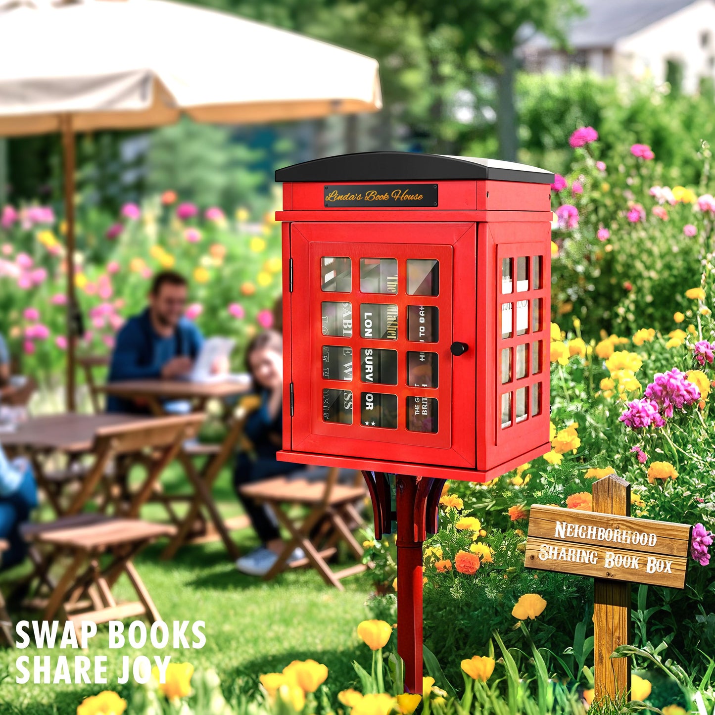 Outdoor Book Sharing Box, Waterproof Tin Roof Wooden Book Exchange Cabinet for Communities, Neighborhoods, and Schools, DIY Literature Storage for Books, Magazines, and Art (Red Telephone Booth)