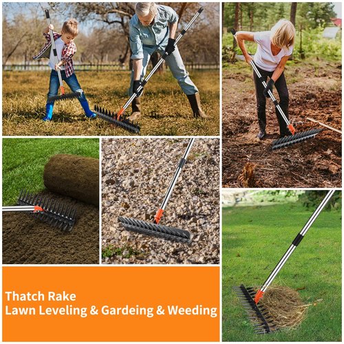 Tolia Thatch Rake for Lawns, 15-Inch Lawn Dethatcher Rake with Gloves & Reusable Yard Waste Bag, Heavy Duty Garden Rakes, Efficient Metal Yard Rake for Removing Dead Grass & Clippings, Loosening Soil