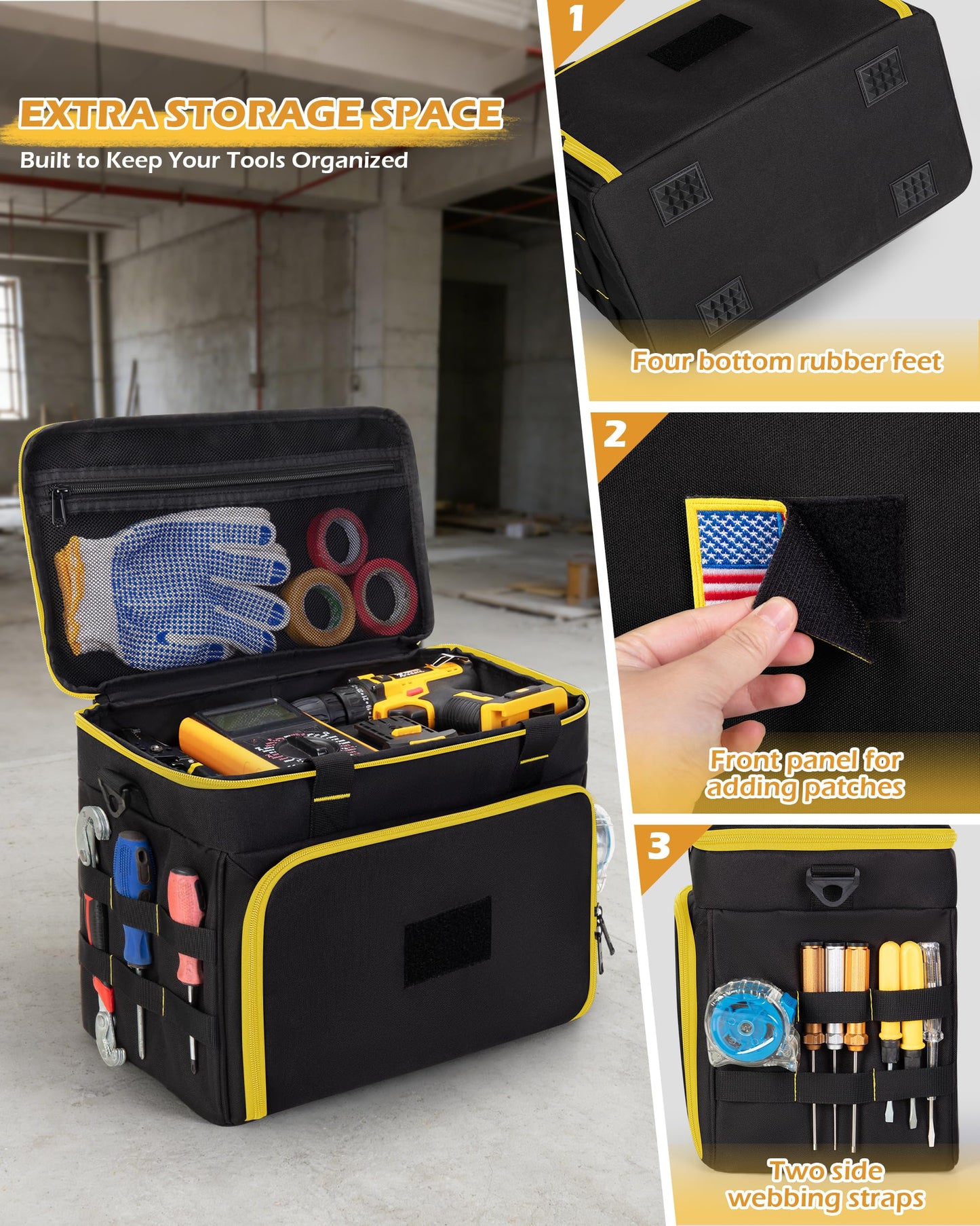 Marscamd 2 Layers Tool Bag with 3 Clear Window Removable Cases, Heavy Duty Tool Tote with Molle Webbing and Detachable Shoulder Strap, Black/Yellow