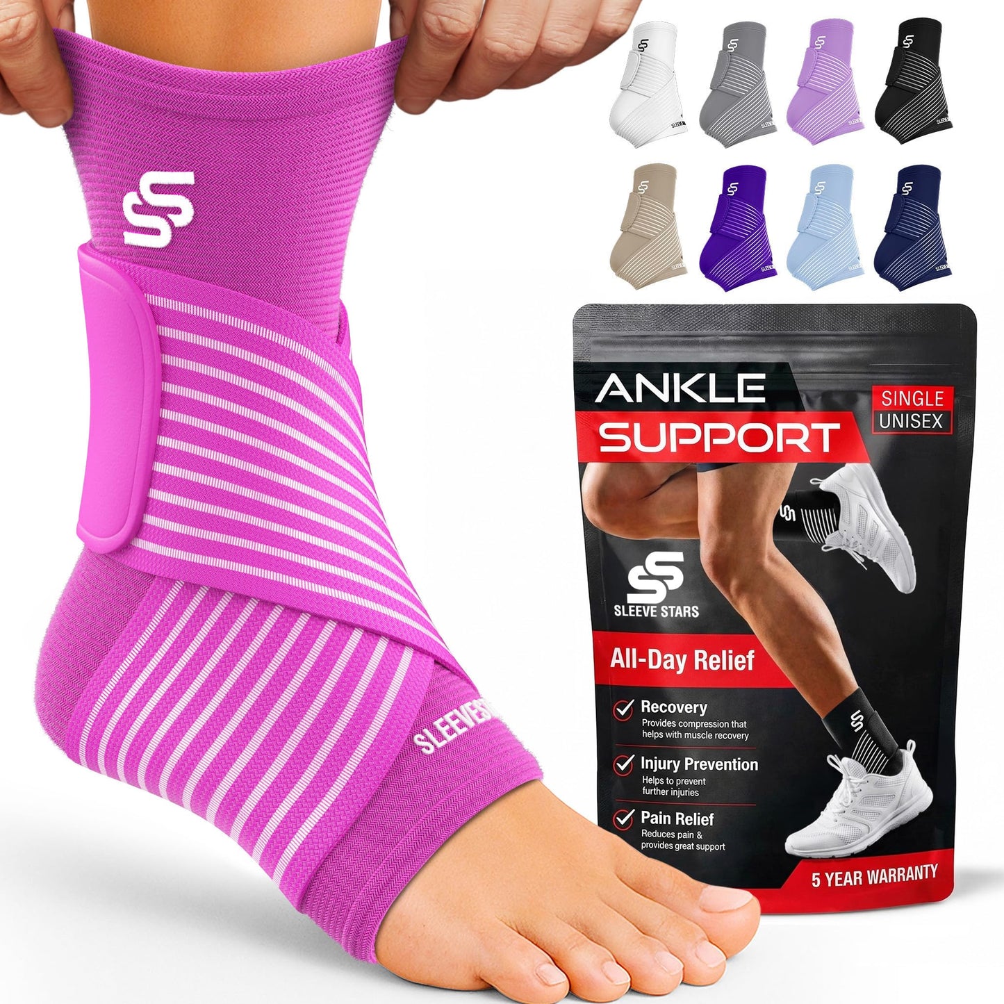Sleeve Stars Ankle Brace for Women & Men, Ankle Wrap for Sprained Ankle, Compression Sleeve for Plantar Fasciitis Relief, Easy Customizable Support: w/Removable Strap (Single/L:12"-13"/Hot Pink)