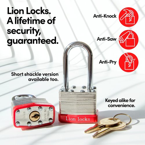 Lion Locks 4 Keyed-Alike Padlocks w/ 2” Long Shackle, 8 Keys, Hardened Steel Pad Lock, Pick Resistant Brass Pin Cylinder (Pack of 4)