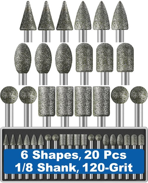 20Pcs 120-Grit Diamond Grinder Bit 1/8" Shank Compatible with Dremel Rotary Tool Attachment Accessories Grinding Burrs for Stone Glass Resin Porcelain Ceramic Quartz Glaze Steel Carve Engrave Polish