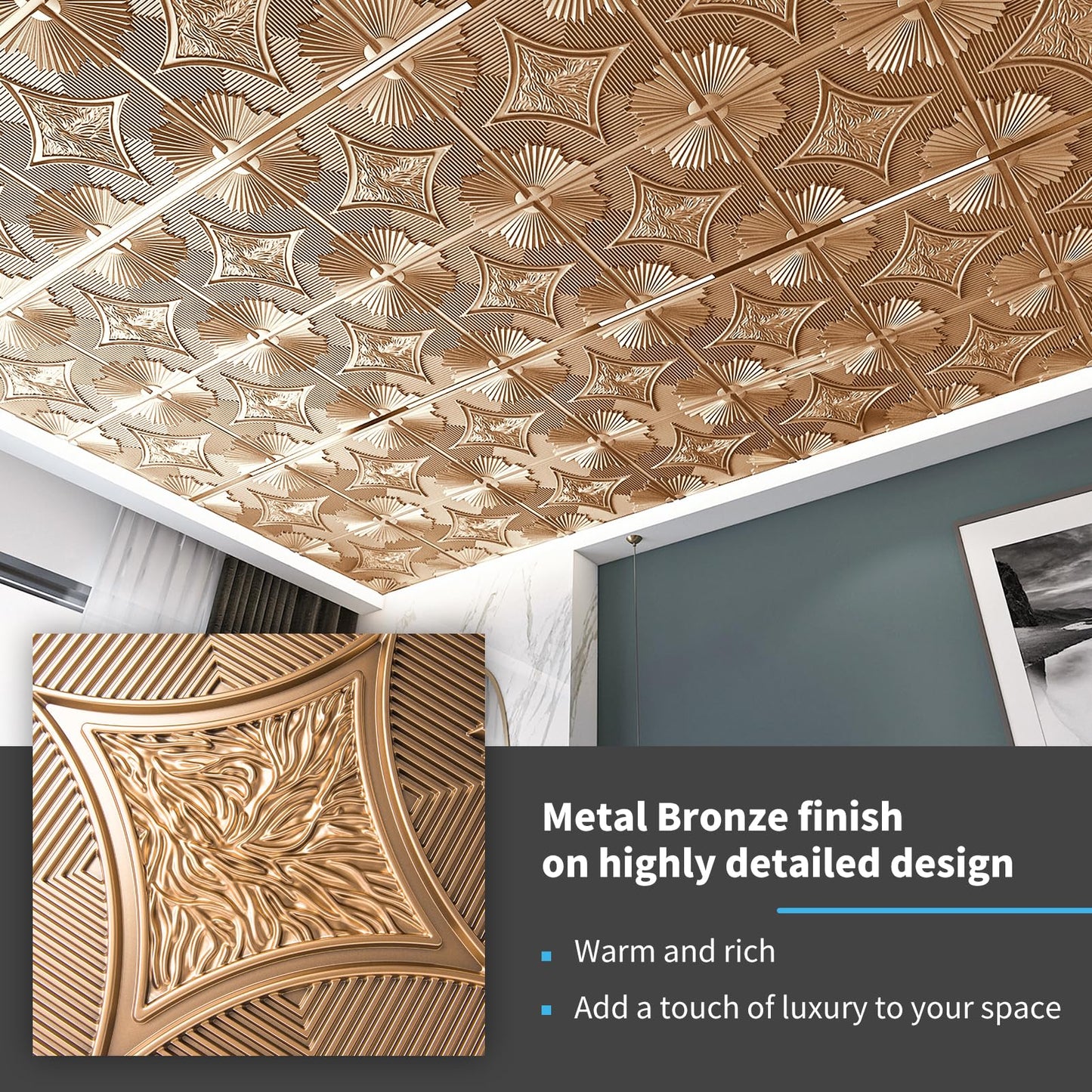 Art3d Drop Ceiling Tiles 24x24 in Bronze (12-Pack, 48 Sq.ft), 3D Wainscoting Panels Glue Up 2x2