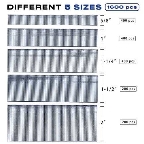 SimCos18 Gauge Brad Nails 2”,1-1/2",1-1/4",1",5/8",1600 pcs Assorted Project Pack,Galvanized 18 GA Nail Gun Nails Assorted and Small Finishing Nails for Pneumatic, Electric Brad Nailer