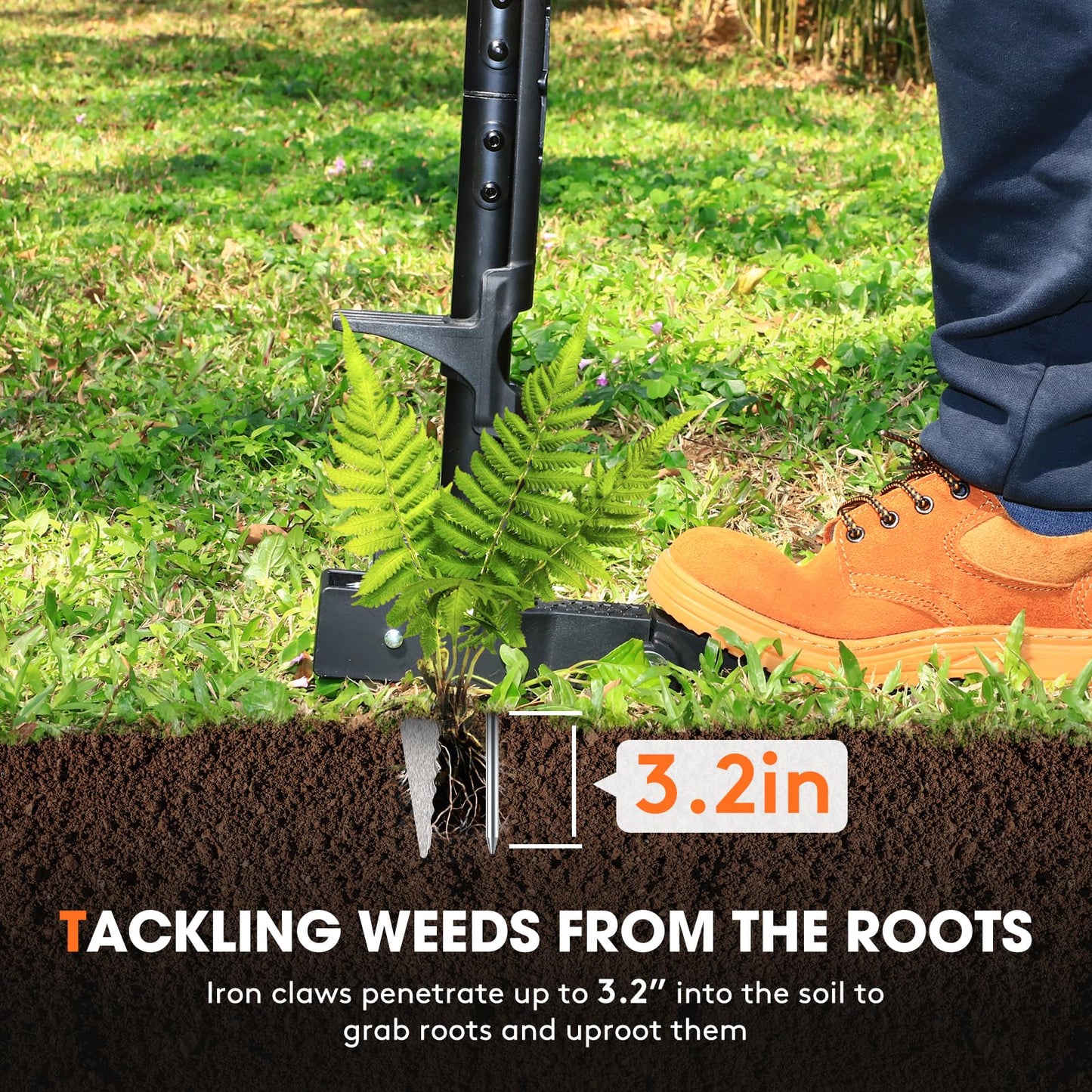 Tovve 4-Claw Weed Puller Tool, 42" Stand Up Gardening Hand Weeding Tool, Upgraded Iron Claw Garden Weeder with D-Handle, Root Weeder Tool with Weed-Eject Design - Standing up Mowing is Easier