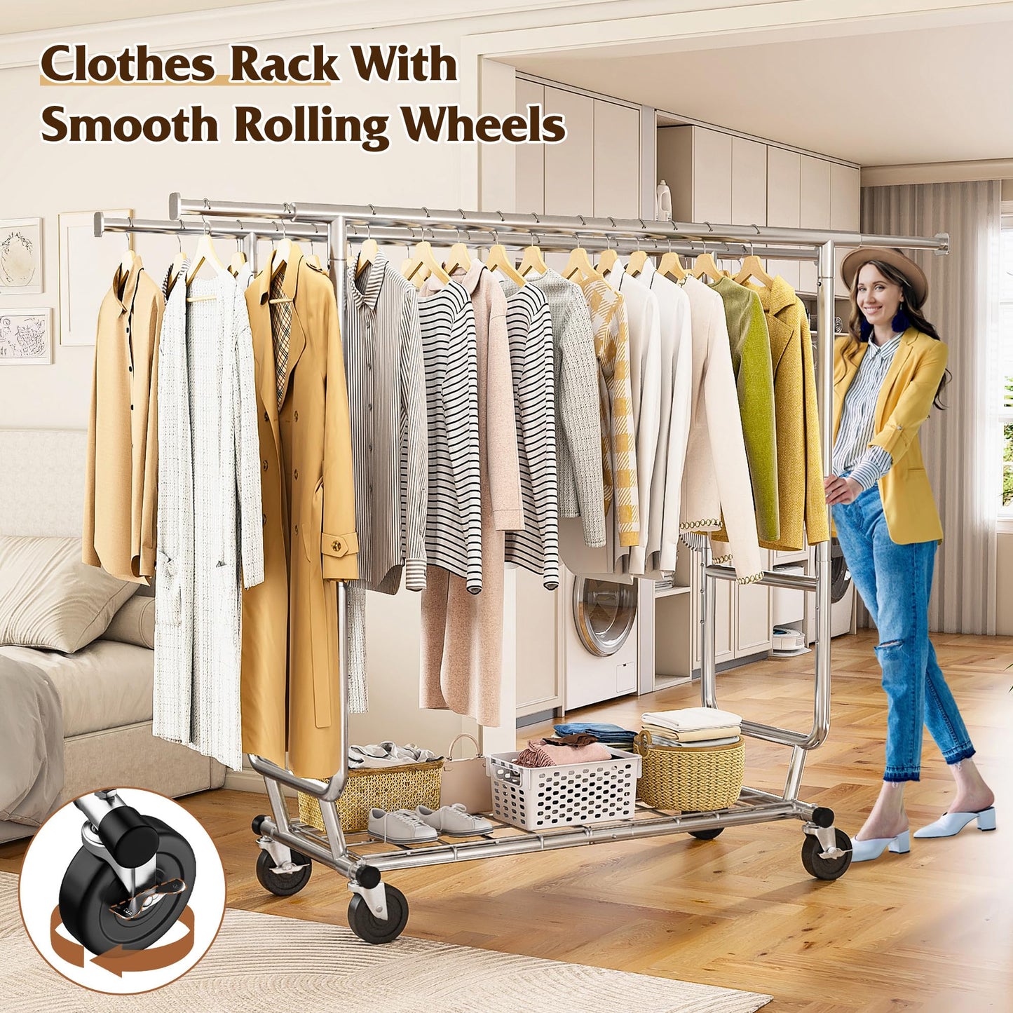 Raybee Clothes Rack Load 630LBS, Heavy Duty Clothes Rack, Rolling Clothing Racks for Hanging Clothes with Wheels, Adjustable & Commercial Garment Rack, 22" D x 75" W x 68" H