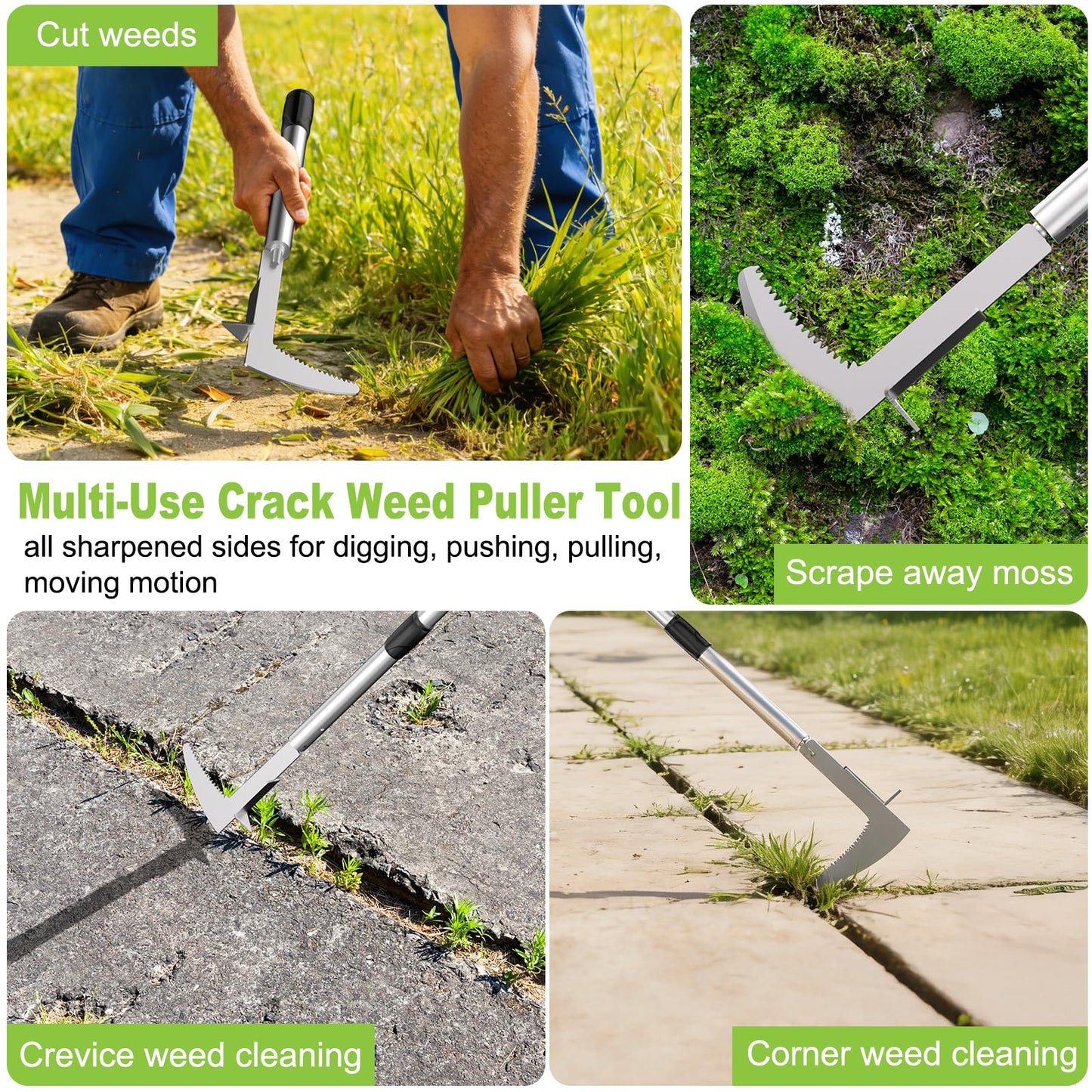 Crack Weeder, Stainless Steel Crevice Weeding Tool with 22'' to 64'' Adjustable Long Handle, L-Shaped Manual Weed Puller Spatula, Weed Remover Gardening Tool for Sidewalks Driveways Patio Pavers Rocks