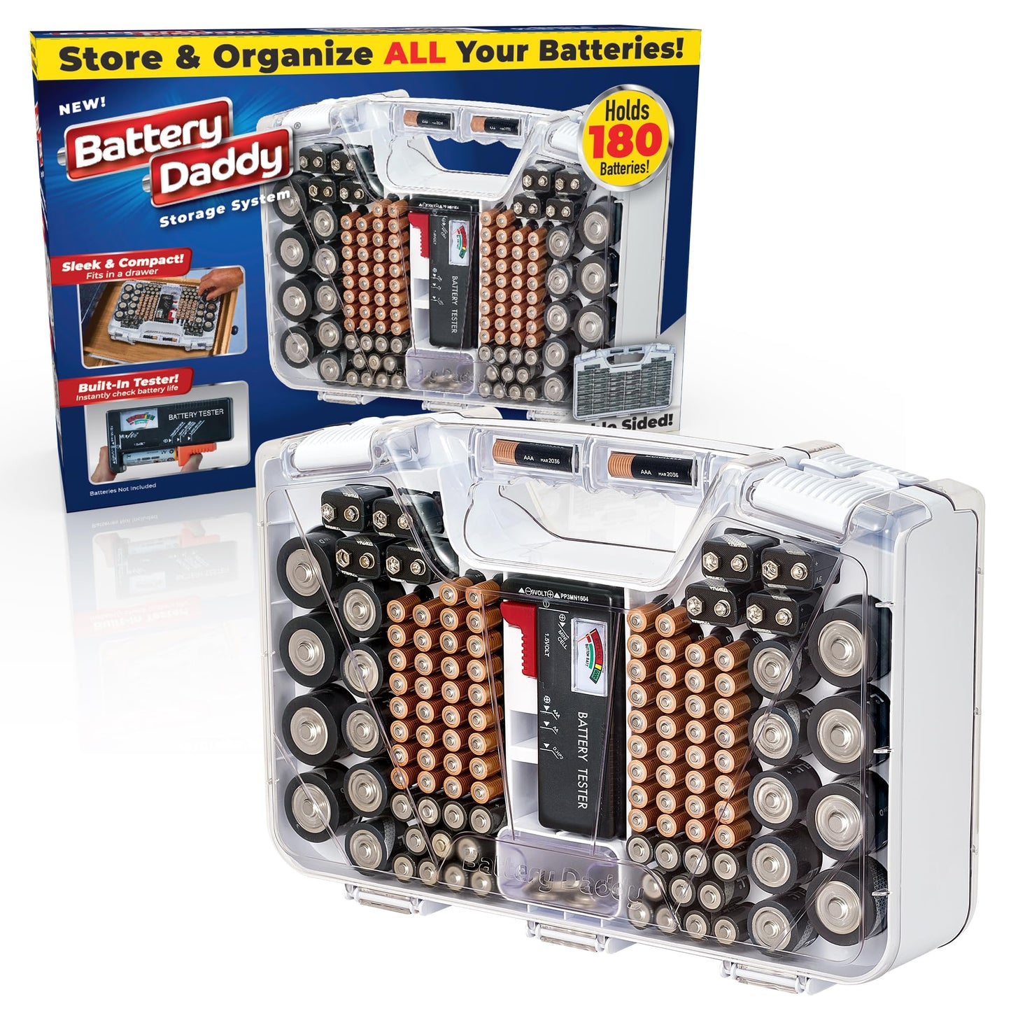 Battery Daddy Storage & Organizer Case with Tester, Stores & Protects Up to 180 Batteries, Double-Sided, Clear Locking Lid, Secure Latches & Portable Carrying Handle - White (Batteries Not Included)