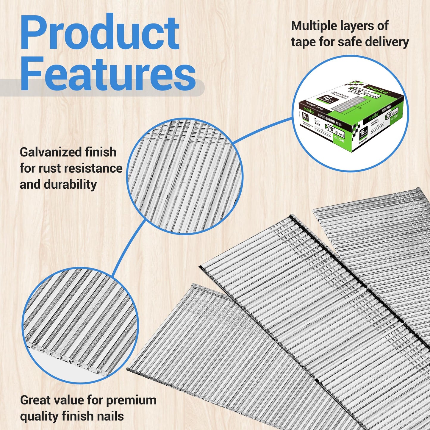 meite 16 Gauge Finish Nails 7/8 Inch Galvanized 16GA Straight Finishing Nails for Finish Nailer for Window Casing Baseboard Crown Molding, 5 Boxes/12,500PCS