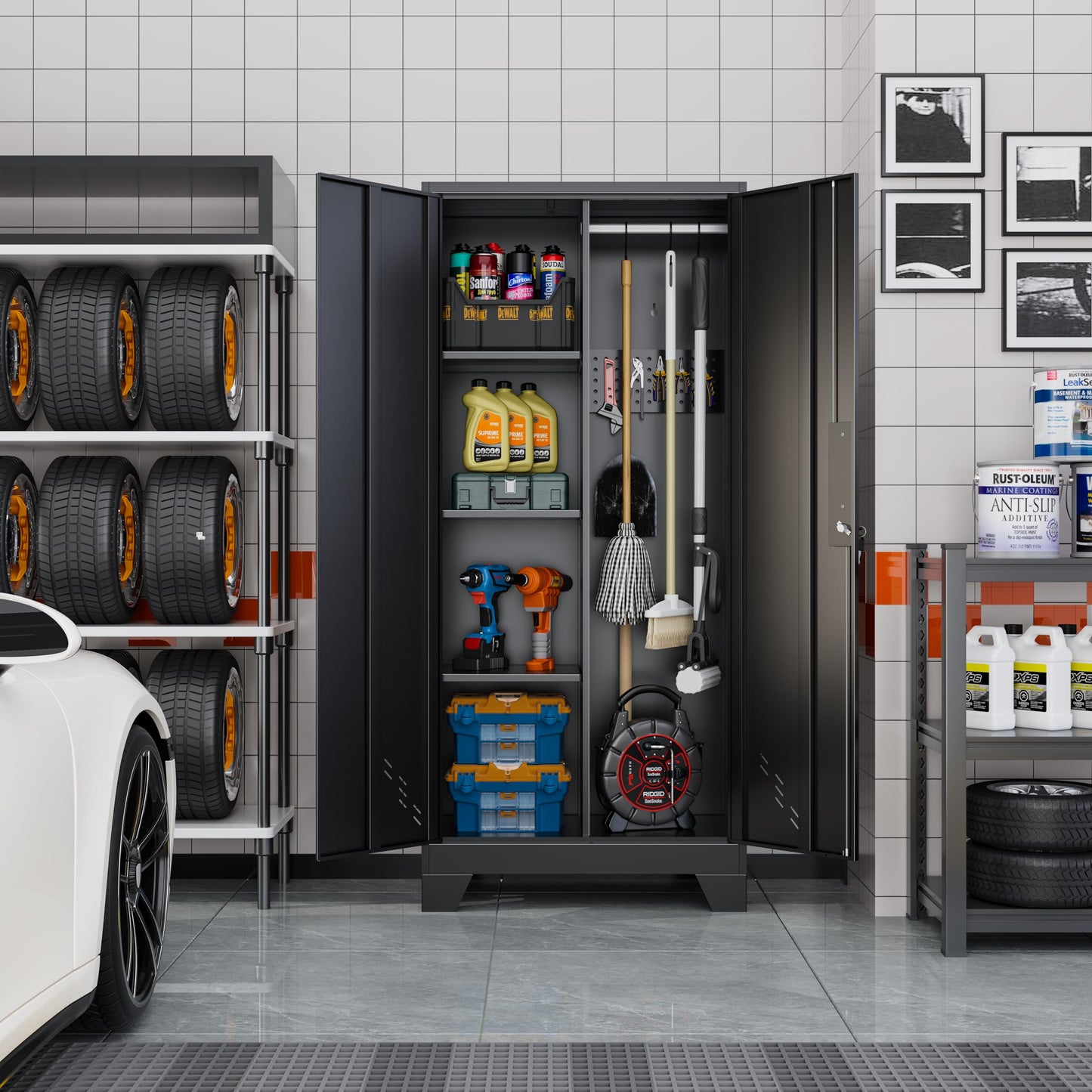 VASAAOSD 61" Broom Closet Storage Cabinet, Metal Storage Cabinet with Doors, Utility Cabinets for Brooms and Mops, Cleaning Tool Cabinets for Garage, Laundry Room, Bathroom