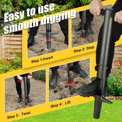 Bulb Planter Tool - 34" Long Handle Sod Plugger Lawn Plug Digger,Auto Plug Eject,Heavy Duty Garden Plant Hole Cutter for Grass,Tulip,Soil Transplant Plugging,Turf Repair Remover for Yard - Gray