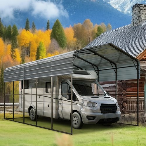 GREEN PARTY 14 x 25 ft Metal RV Carport Kits with Galvanized Steel Roof, Heavy Duty 2 Car Outdoor Car-Shed Canopy, Car Tent Metal Garage Shelter for RV, SUV, Truck, Tractors and Boats, Gray