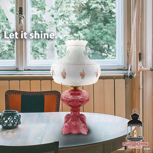 Light of Mine - Princess Feather Oil Lamp Replacement Kit Including 10" Pink Floral Shade, #2 Brass Plated Burner, 10" Flat Tripod, Replacement 3/4" Wick Strips