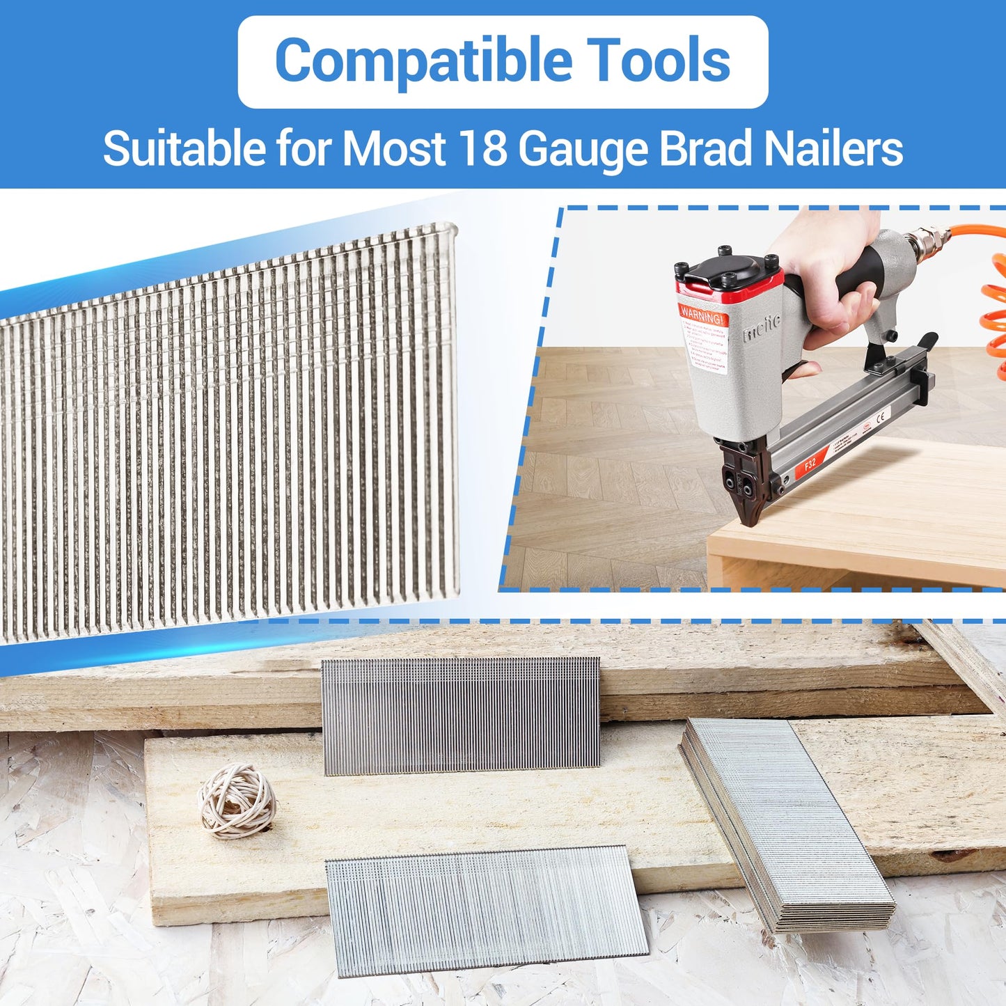 meite 18 Gauge Brad Nails, 1 Inch 18GA Brad Nails, 18G 304 Stainless Steel Small Finishing Nail Gun Nails for Pneumatic, Electric Brad Nailer Gun (5 Boxes)