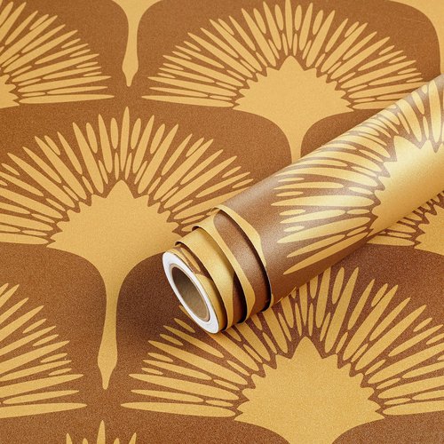 Livelynine Retro Mustard Yellow Bird Wallpaper Peel and Stick Art Deco Crane Wall Paper Removable Contact Paper Waterproof Terracotta Dark Orange Japanese Birds Self Adhesive Wall Covering 17.5x78.8"