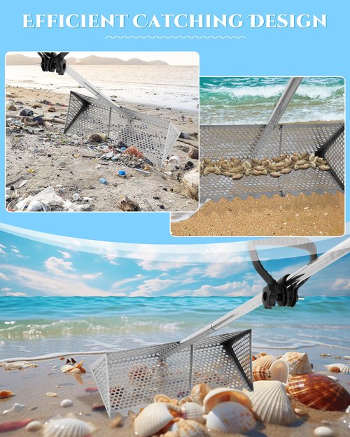 Sand Flea Rake 16" Wide - Detachable 54" Handle with Shark Tooth Screen - Stainless Steel Beach Rake for Fishing Bait, Shelling, Yard Cleaning - Saltwater Rust Proof & Portable