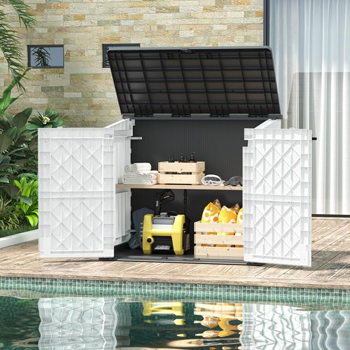 LHBGO Outdoor Resin Storage Shed 36 Cu. Ft. Garden Horizontal Storage Large Capacity Weather Resistant Storage Box, Lockable Resin Waterproof Shed for Garbage Cans, Garden Tools