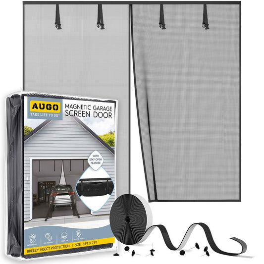 AUGO Garage Door Screen, 2 Car 8x7FT, Fiberglass mesh with Magnetic Closure, Heavy Duty Weighted Bottom, Easy Assembly & Pass, Hands Free Screen Door