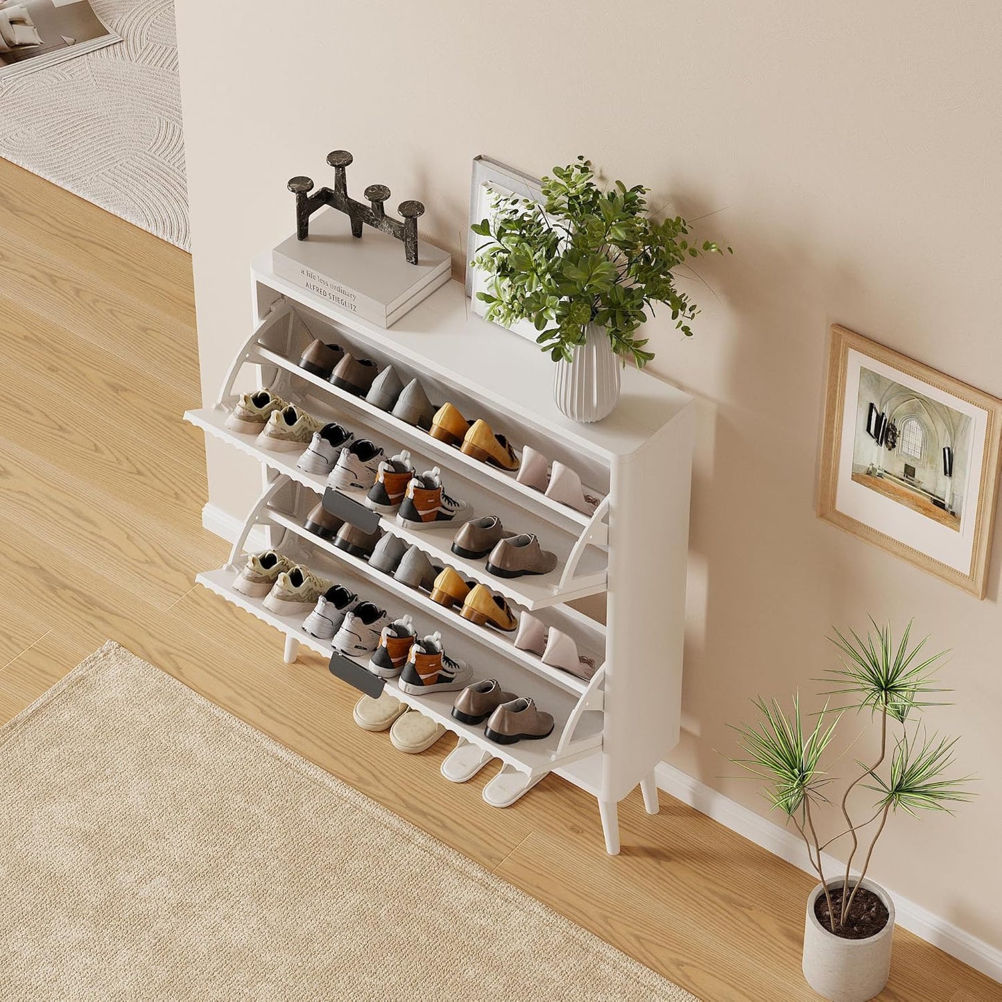Narrow Shoe Storage Cabinet, Freestanding Shoe Cabinet Organizer for Entryway, Hallway (Oak, 4 Flip)