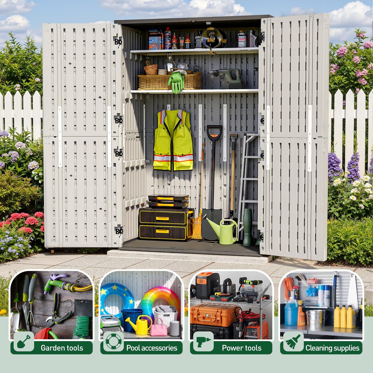 WillowLume 65 Cu.Ft Outdoor Storage Shed, Lockable Outdoor Vertical Resin Storage Cabinet with Floor, All-Weather Waterproof Shed for Garden, Backyard, Pool (65 cu ft - 2 Shelves)