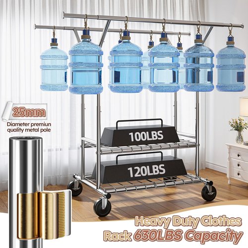 Raybee 74" W Clothes Rack, Clothing Rack, Double Rods Clothing Racks for Hanging Clothes, Load 441 LBS Heavy Duty Clothes Rack with Wheels, Adjustable Garment Rack Portable