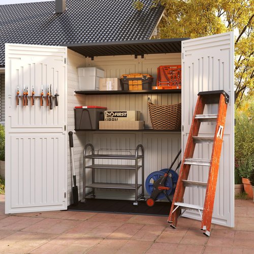 EHHLY Vertical Resin Storage Shed, 60 Cuft Garden Tool Sheds & Outdoor Storage, Plastic Outdoor Storage Cabinet Waterproof, 4.5 x 2.3 ft Backyard Outside Lawn Mower Storage Shed, White