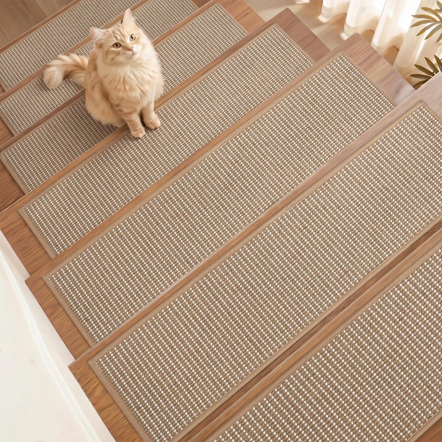 15PC Jute Stair Treads for Wooden Steps-Non Slip Peel and Stick Stair Treads Indoor, Adhesive Staircase Step Treads Residue Free, Cat-Friendly & Scratch-Resistant Durable Stair Runner Rug,8"x30" Beige