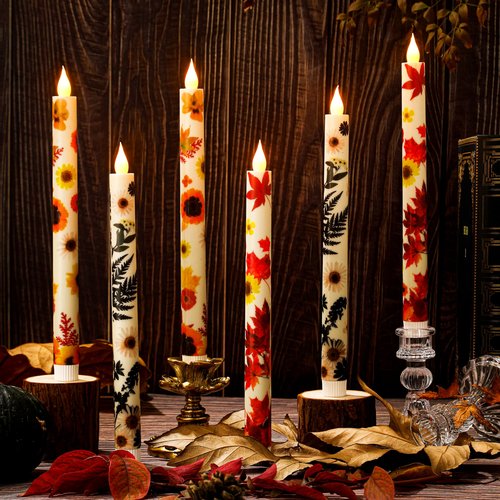 6PCS Flameless LED Taper Candles - Fall Maple Leaf Decor, Fall Decorative Candles with Wax Coating and Autumn Floral Prints Perfect for Table, Party, Banquet, Batteries Required (Not Included)
