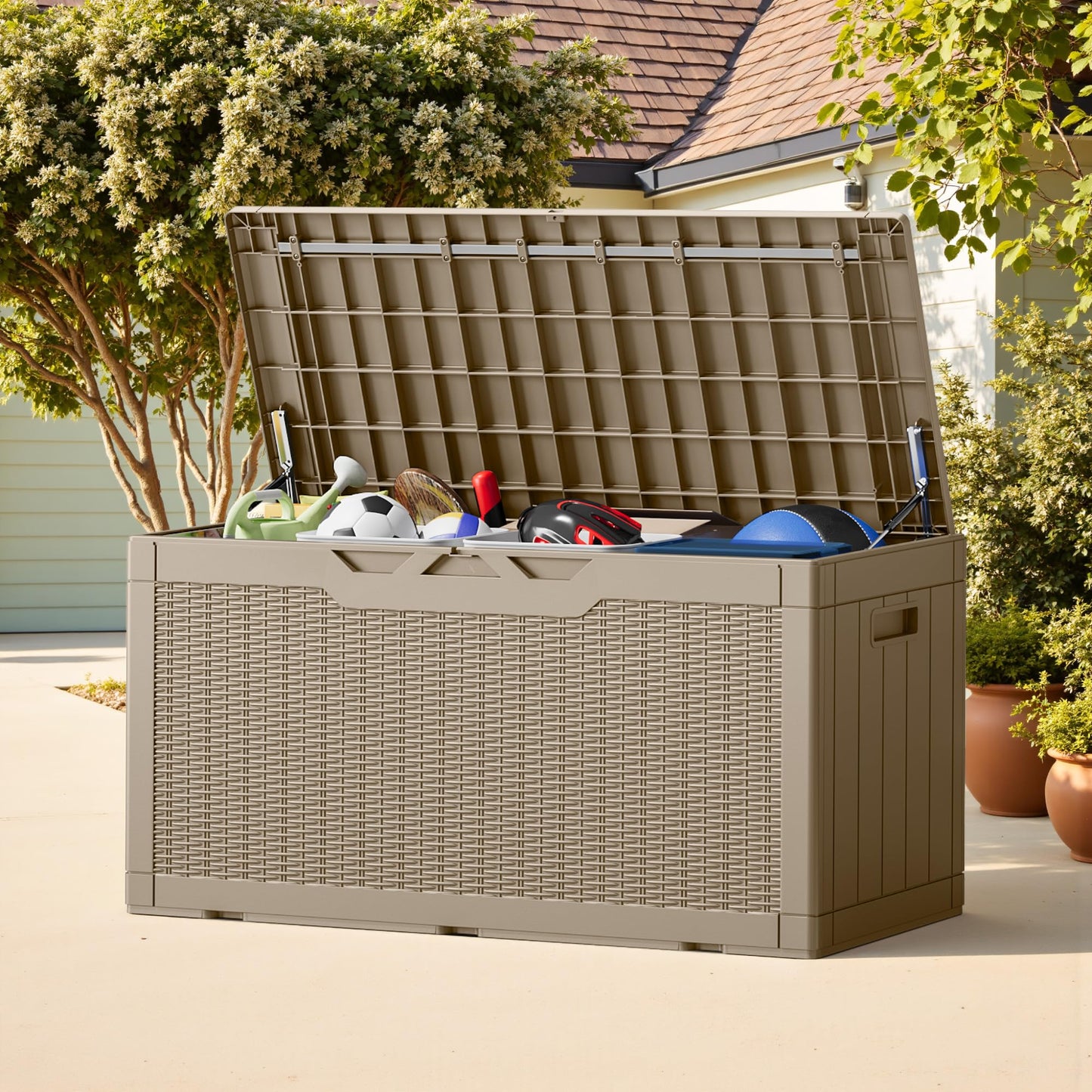 Greesum Outdoor Storage Box 100 Gallon Storage Bin with Lid for Patio Furniture, Garden Tools, Pool Supplies, Lockable, Waterproof and UV Resistant, Light Coffee