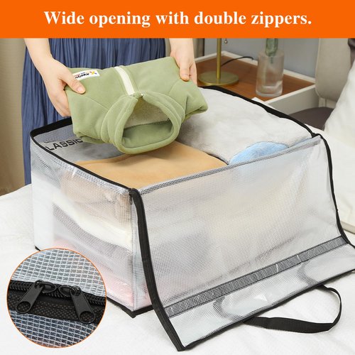 Vieshful 3 Pack 60L Clear Clothes Storage Bags with Zipper and Handles, Large Plastic Organizers for Comforter Clothes Bedding Blankets Duvets Pillow Toys & Moving