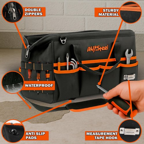 AV Steel 15 Inch Tool Bag with 16 Pockets Foldable Close Top Wide Mouth Tool Bag Organizer with Handle & Padded Adjustable Strap, Heavy Duty, Waterproof