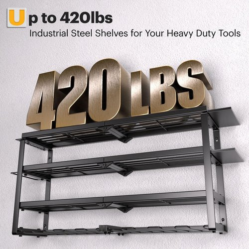 Spampur Power Tool Organizer Wall Mount with Charging Station, 4 Layer 8 Slots Cordless Drill Holder for Garage Storage, Utility Racks Max 420lbs Load With 6 Outlet Power Strip for Fathers Men Gift