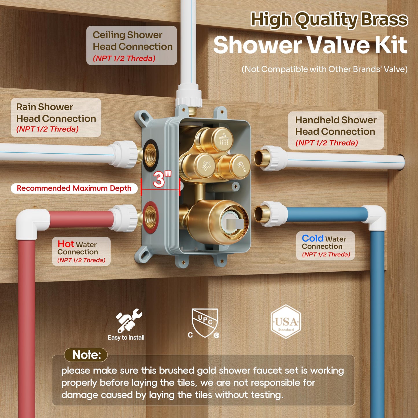 Gold Shower Faucet Set, Brushed Gold Shower System, 10'' Ceiling Shower Head and 6'' Wall Mounted ShowerHead, Dual Gold Shower Head with Handheld Combo, 3 In 1 Push Button Shower Diverter Valve