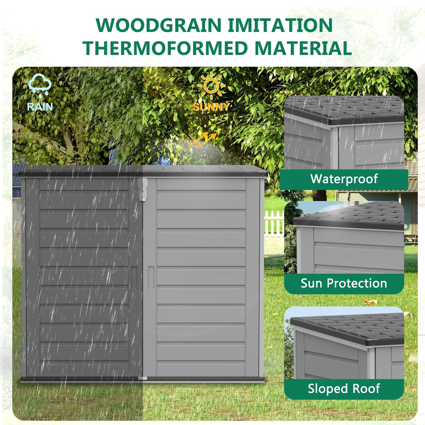 Uhomepro 4.6 Ft. X 4.1 Ft Outdoor Horizontal Storage Shed, Resin Storage Shed with Double Lockable Doors, Ideal for Garbage Can Storage and Garden Tools, Strong Water Resistance