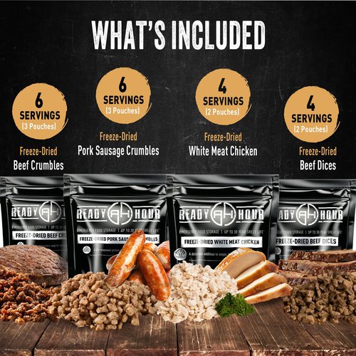Ready Hour Freeze-Dried Meat Kit (20 Servings), Emergency Supply, Prepper Supply, Protein Source, Emergency Food, Prepper Survival Kit, Bulk Meat, Shelf-Stable, Long-Term Storage