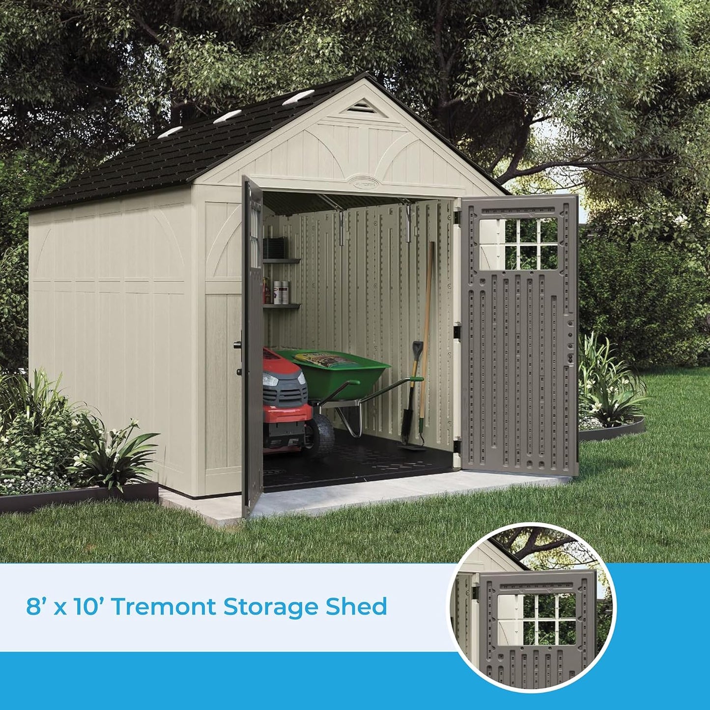 Suncast 8’x10’ Tremont Resin Shed, Vanilla & Slate – Backyard Storage Unit with Skylights, Corner Shelves, Reinforced Floor & Double Doors – Store Lawn Mower, Garden Equipment & Outdoor Tools