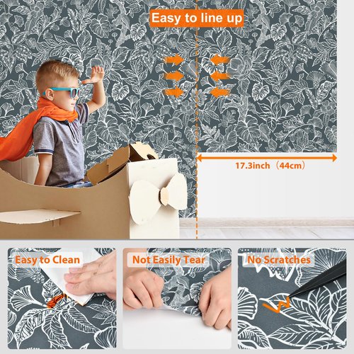 Fititem Peel and Stick Wallpaper Modern Boho Contact Paper Cabinet Dark Gray-Blue White Removable Self Adhesive Contact Paper Floral Tropical Leaf Waterproof Wallpaper Bathroom Bedroom 17.3inW 197inL
