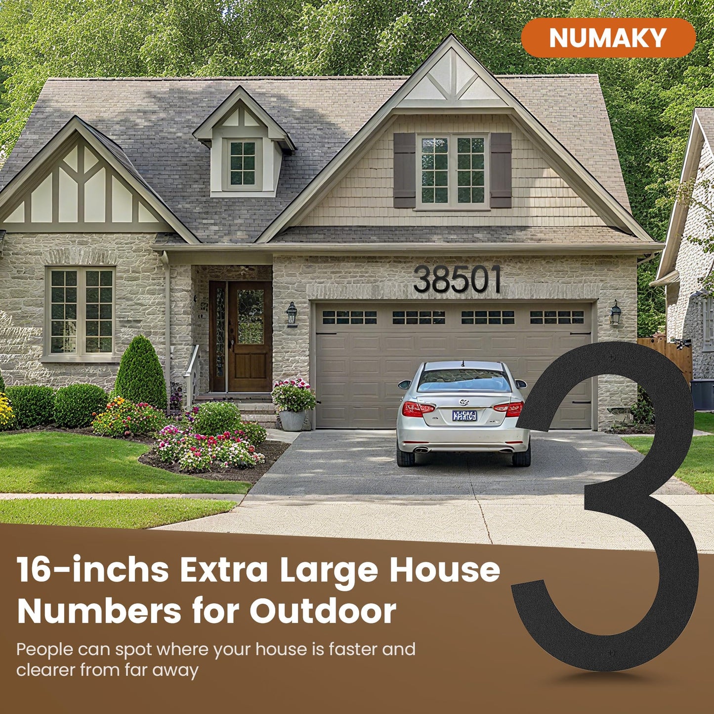 NUMAKY 16 Inch Large Modern House Numbers for Outside, Matte Black Metal Outdoor Address Numbers with Floating 3D Shadow & All Mounting Hardware, Weatherproof for Home/Garage/Apartment/Hotel (Number 3)