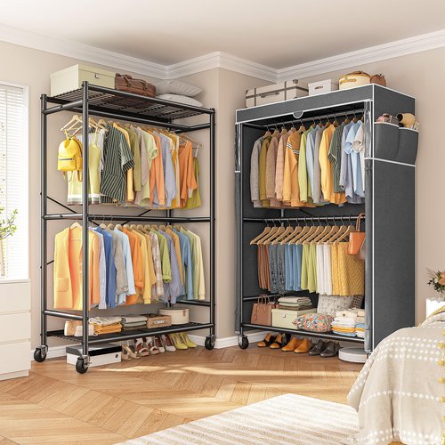 Raybee 80.32" H Clothes Rack with Cover,Rolling Clothing Racks for Hanging Clothes with Wheels,Heavy Duty Portable Closet 35.4" Wx15.75 Dx80.32 H,Black