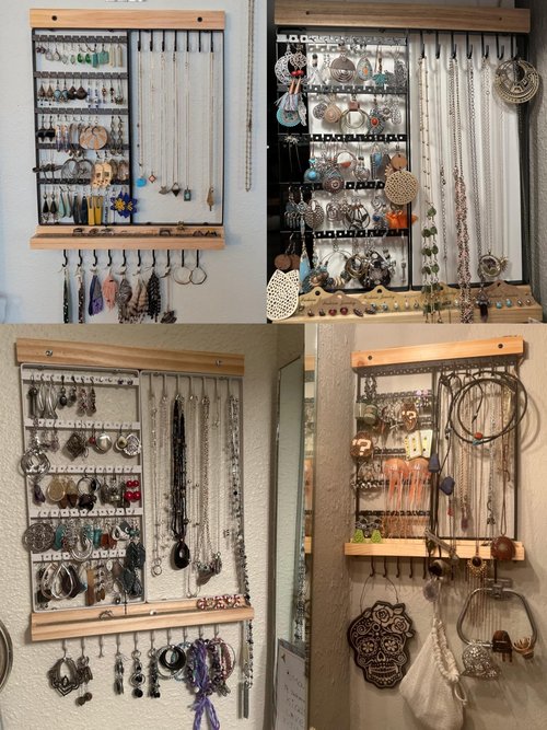 Feyejade Hanging Jewelry Organizer, 5-Tier Wall Earring Holder with Wooden Ring Groove, Jewelry Rack Wall Mounted for Earrings, Necklaces, Bracelets and Rings, Jewelry Holder Stand, Black